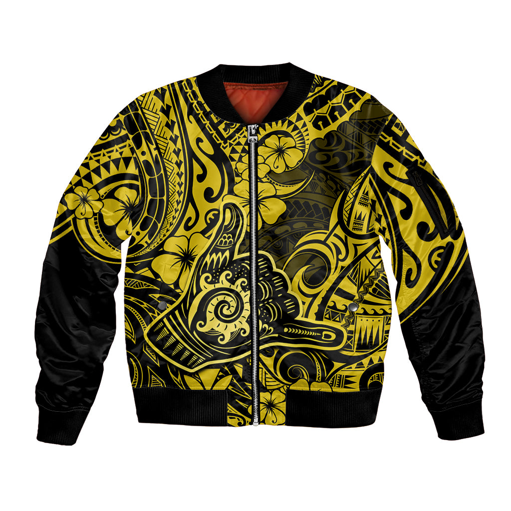 Hawaii Shaka Sign Sleeve Zip Bomber Jacket Polynesian Pattern Yellow Version - Wonder Print Shop