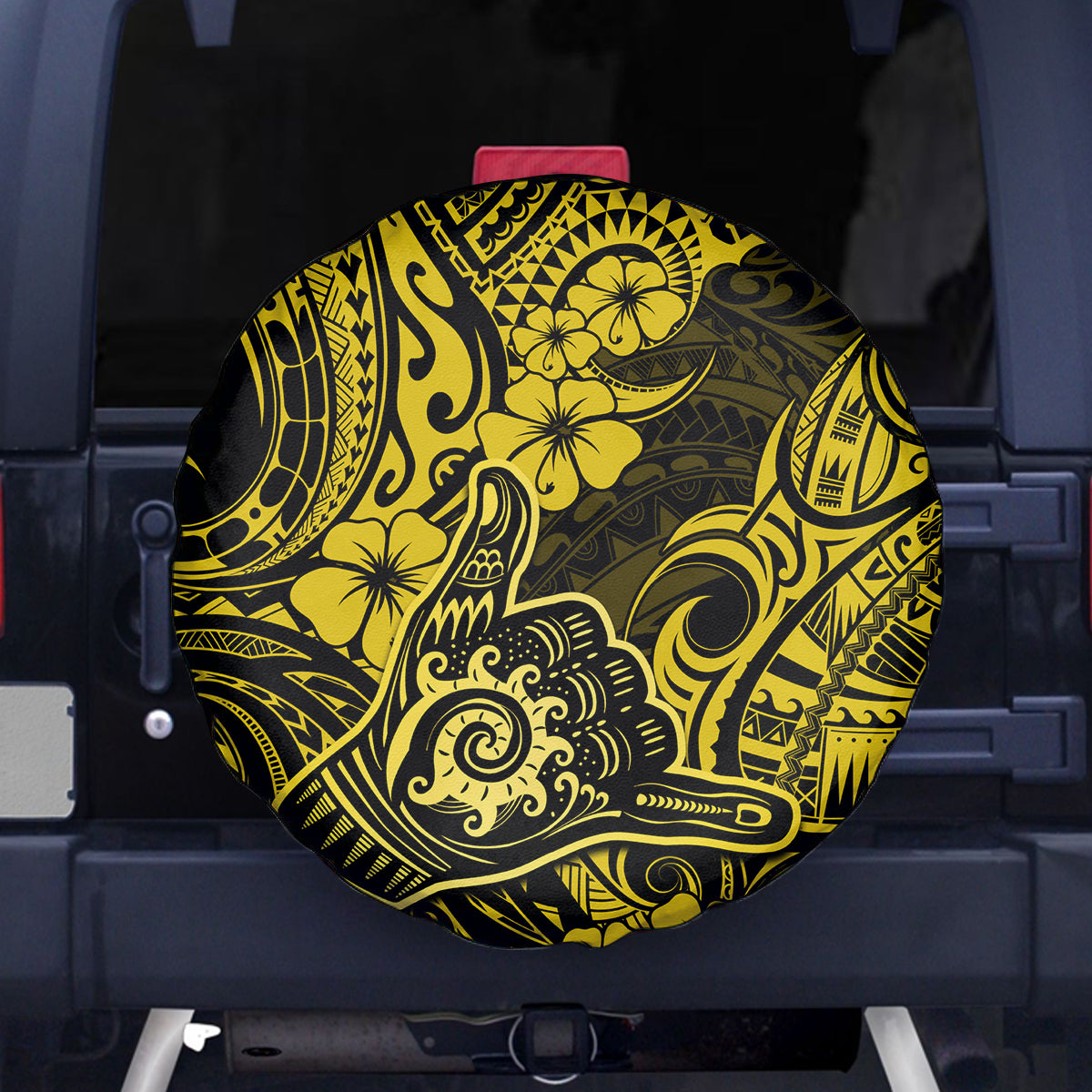 Hawaii Shaka Sign Spare Tire Cover Polynesian Pattern Yellow Version - Wonder Print Shop