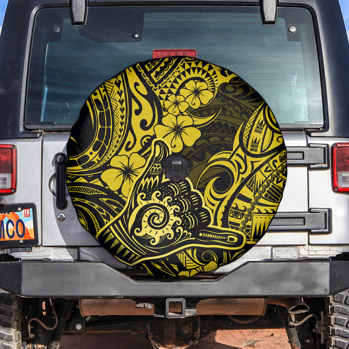 Hawaii Shaka Sign Spare Tire Cover Polynesian Pattern Yellow Version - Wonder Print Shop