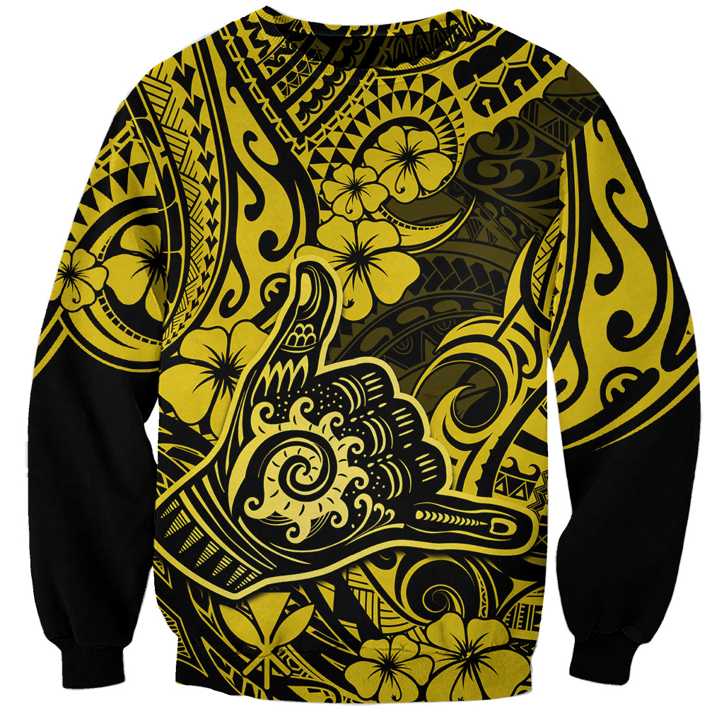 Hawaii Shaka Sign Sweatshirt Polynesian Pattern Yellow Version - Wonder Print Shop