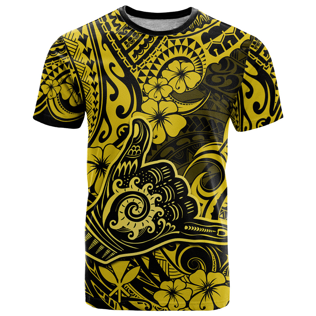 Hawaii Shaka Sign T Shirt Polynesian Pattern Yellow Version - Wonder Print Shop