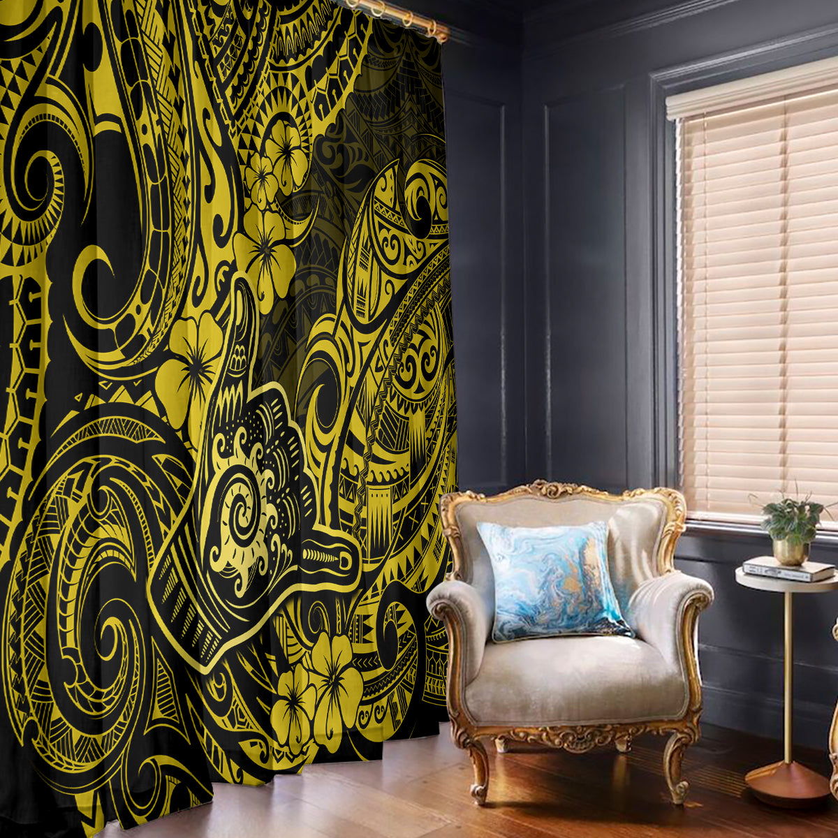 Hawaii Shaka Sign Window Curtain Polynesian Pattern Yellow Version - Wonder Print Shop
