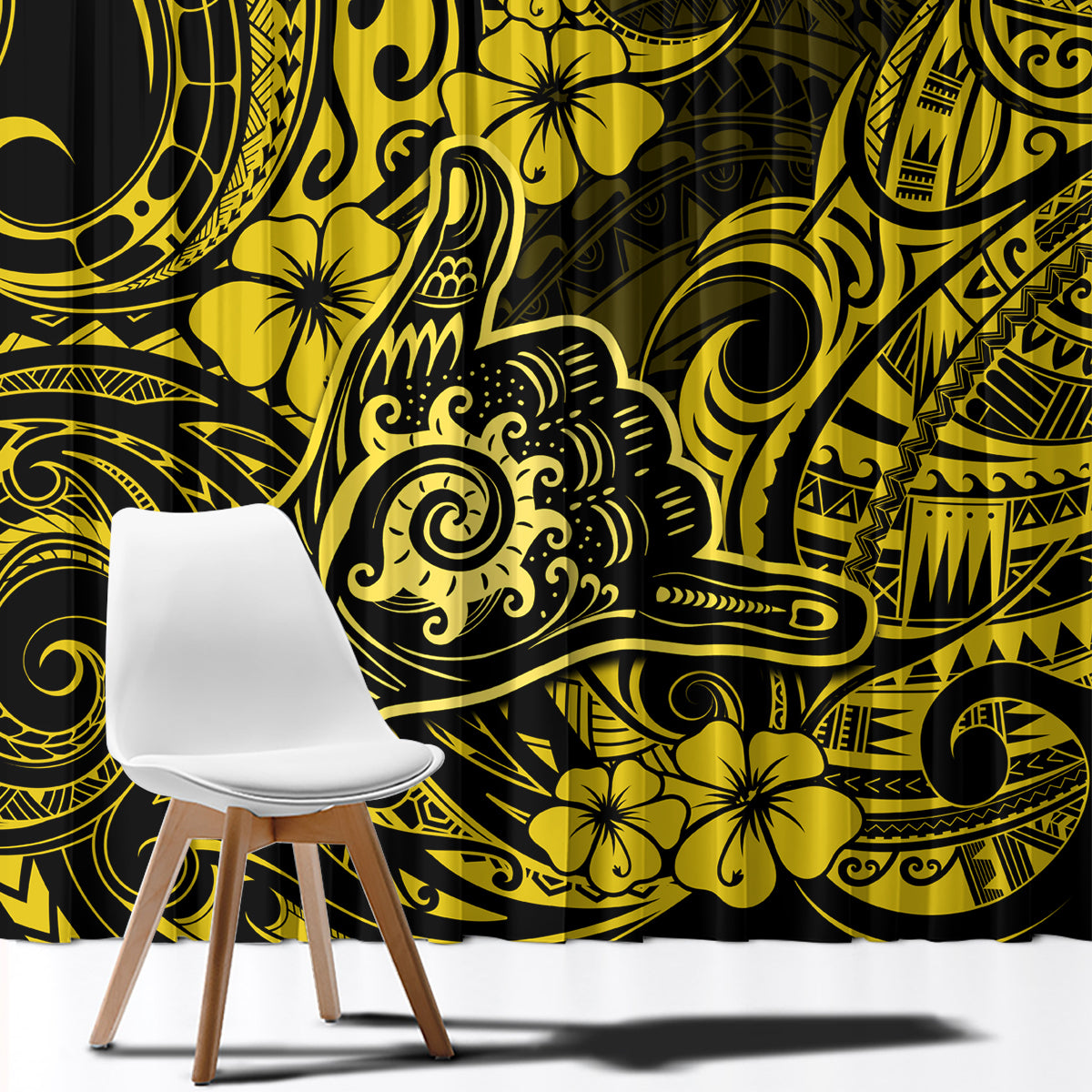Hawaii Shaka Sign Window Curtain Polynesian Pattern Yellow Version - Wonder Print Shop