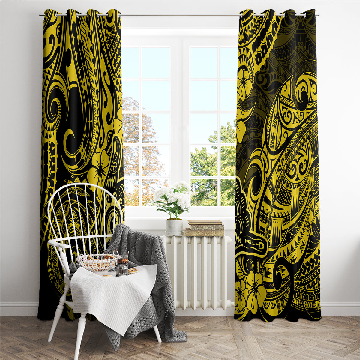 Hawaii Shaka Sign Window Curtain Polynesian Pattern Yellow Version - Wonder Print Shop