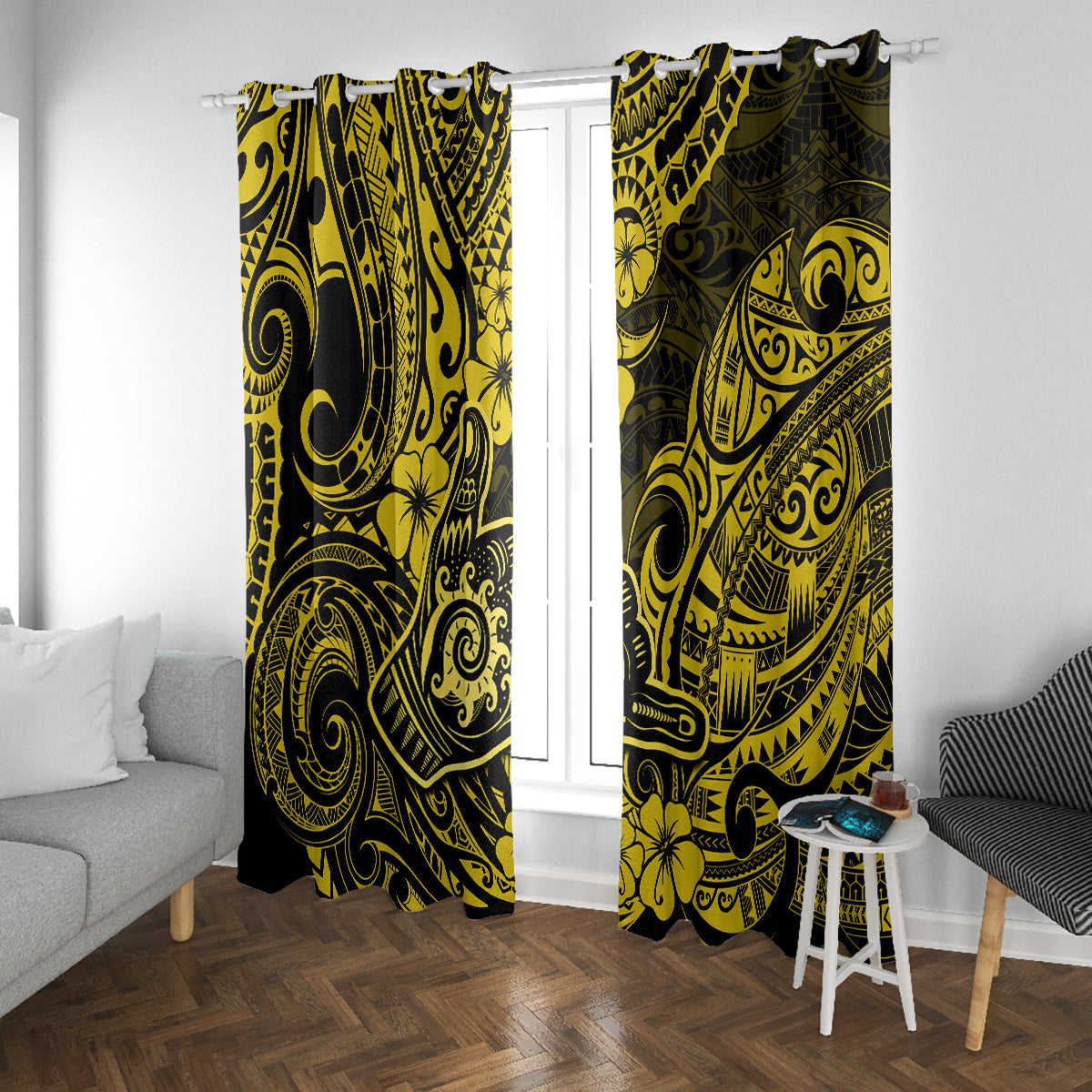 Hawaii Shaka Sign Window Curtain Polynesian Pattern Yellow Version - Wonder Print Shop