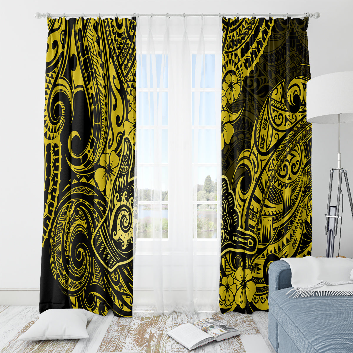 Hawaii Shaka Sign Window Curtain Polynesian Pattern Yellow Version - Wonder Print Shop