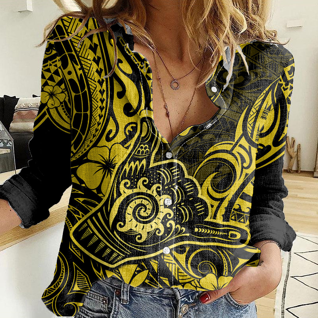 Hawaii Shaka Sign Women Casual Shirt Polynesian Pattern Yellow Version - Wonder Print Shop