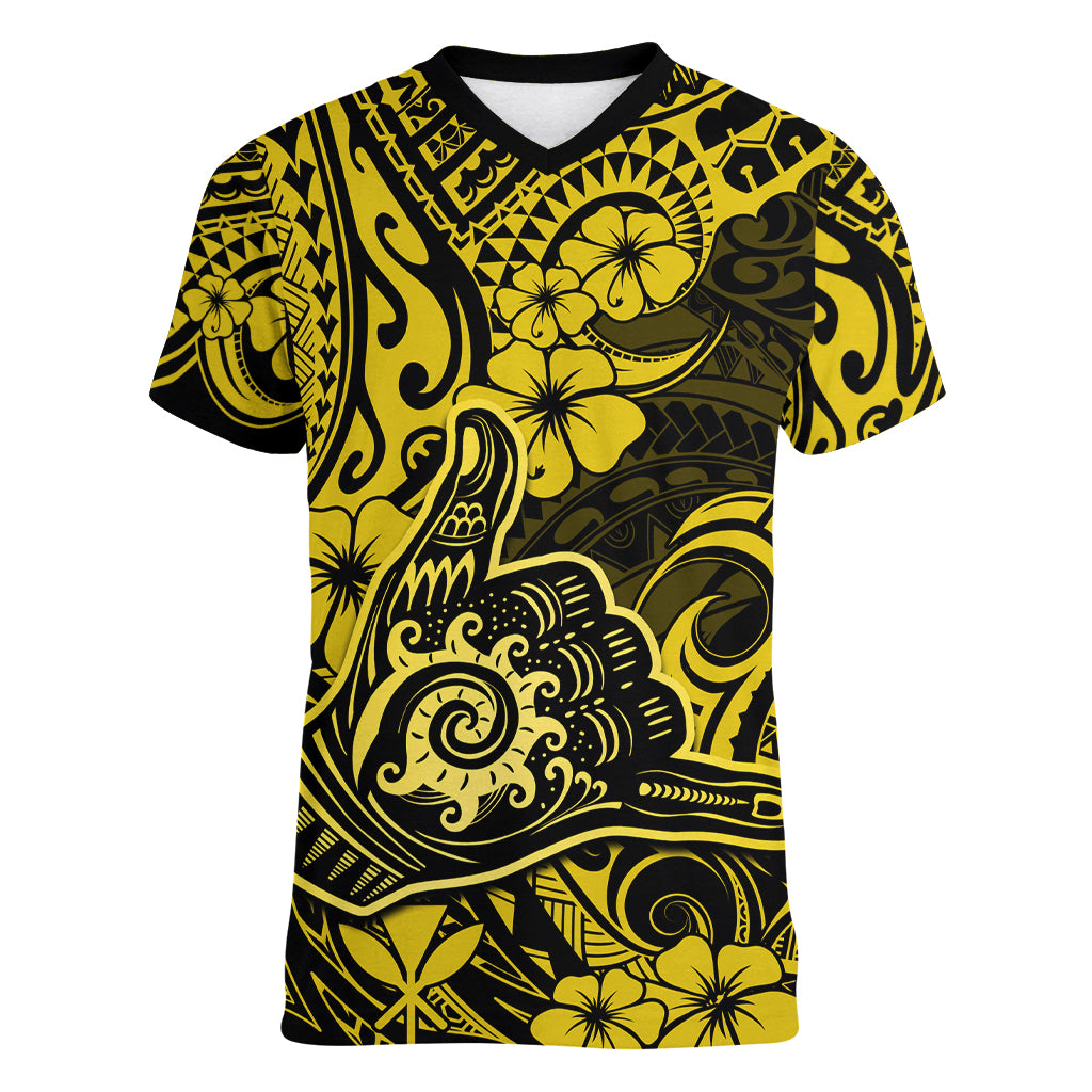 Hawaii Shaka Sign Women V Neck T Shirt Polynesian Pattern Yellow Version - Wonder Print Shop