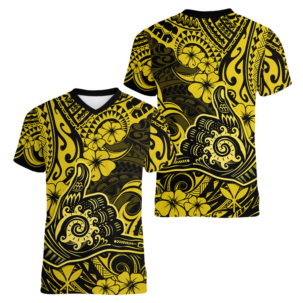 Hawaii Shaka Sign Women V Neck T Shirt Polynesian Pattern Yellow Version - Wonder Print Shop
