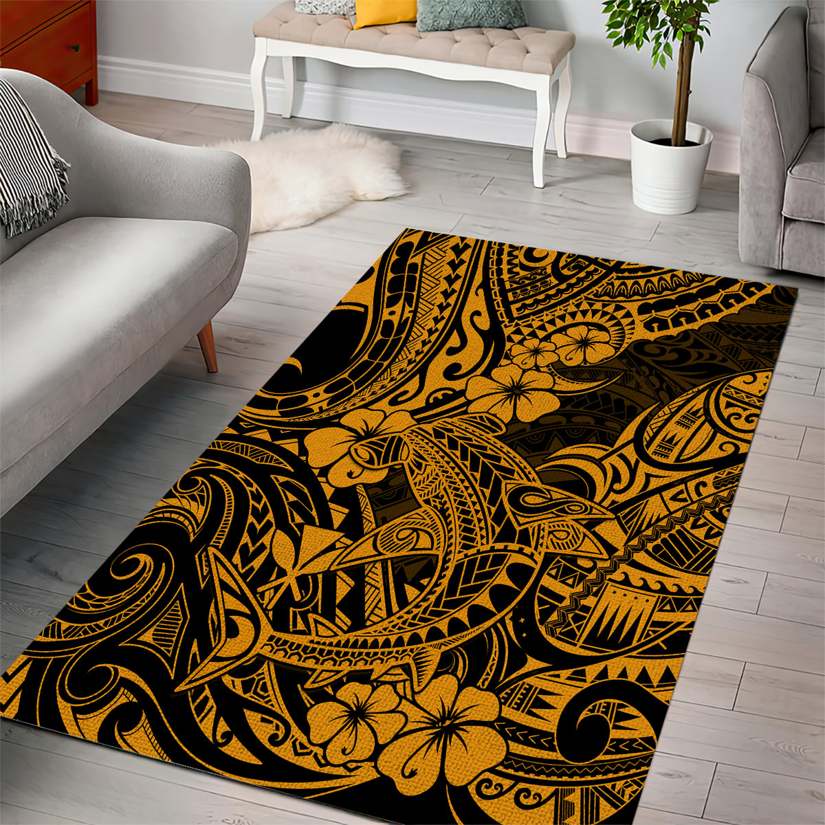 Hawaii Shark Area Rug Polynesian Pattern Gold Version - Wonder Print Shop