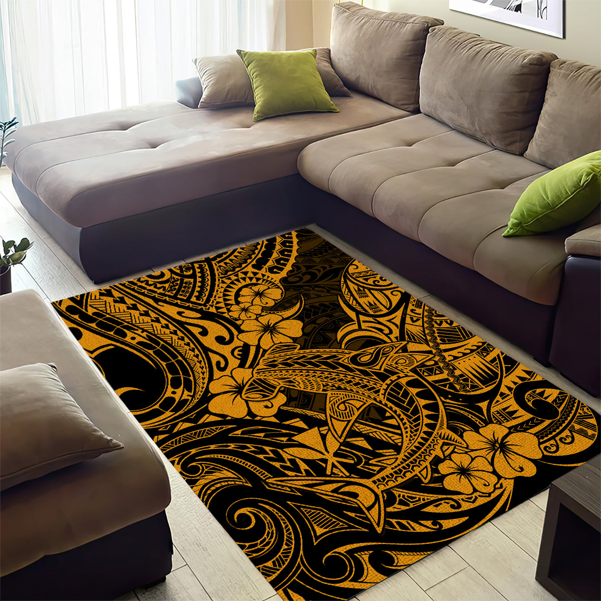 Hawaii Shark Area Rug Polynesian Pattern Gold Version - Wonder Print Shop