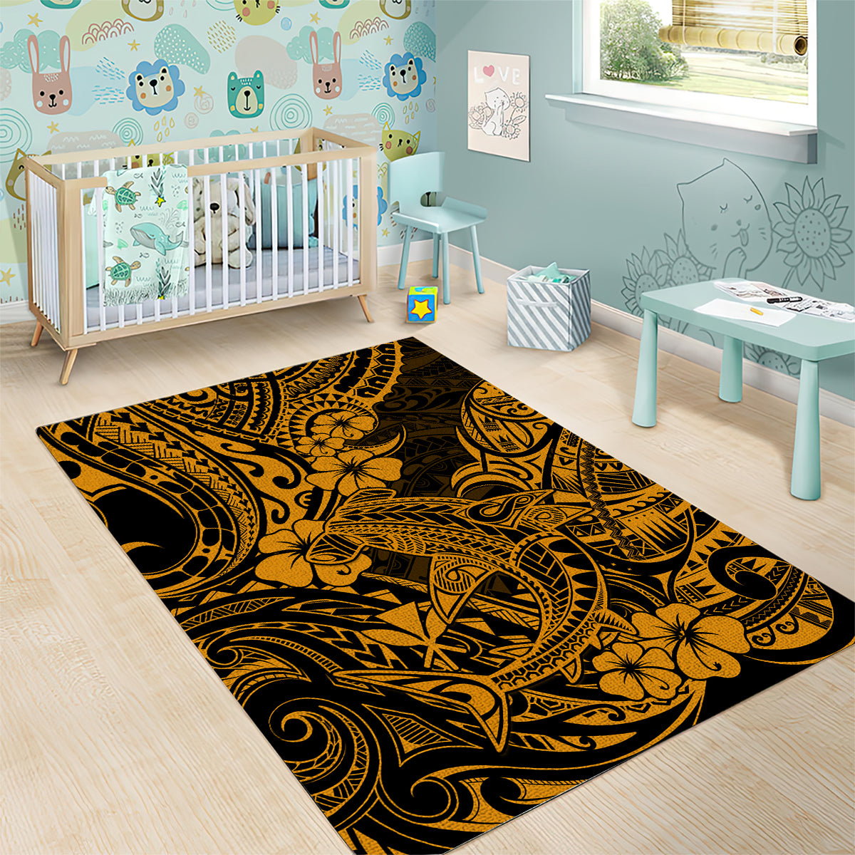 Hawaii Shark Area Rug Polynesian Pattern Gold Version - Wonder Print Shop