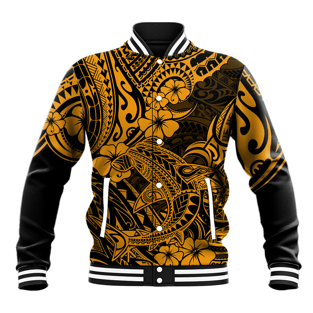Hawaii Shark Baseball Jacket Polynesian Pattern Gold Version - Wonder Print Shop
