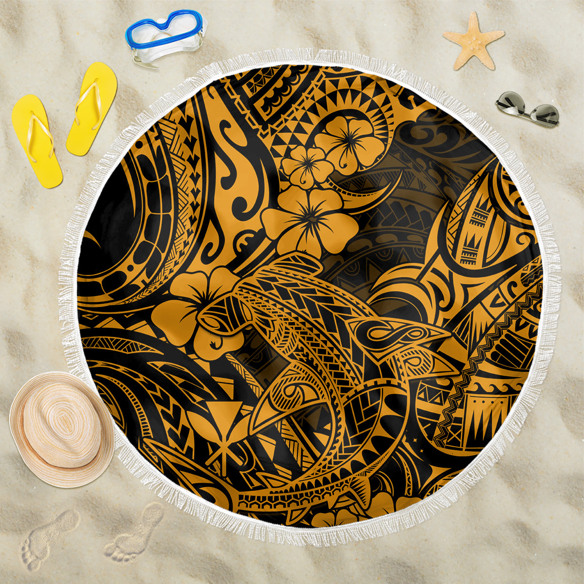 Hawaii Shark Beach Blanket Polynesian Pattern Gold Version - Wonder Print Shop