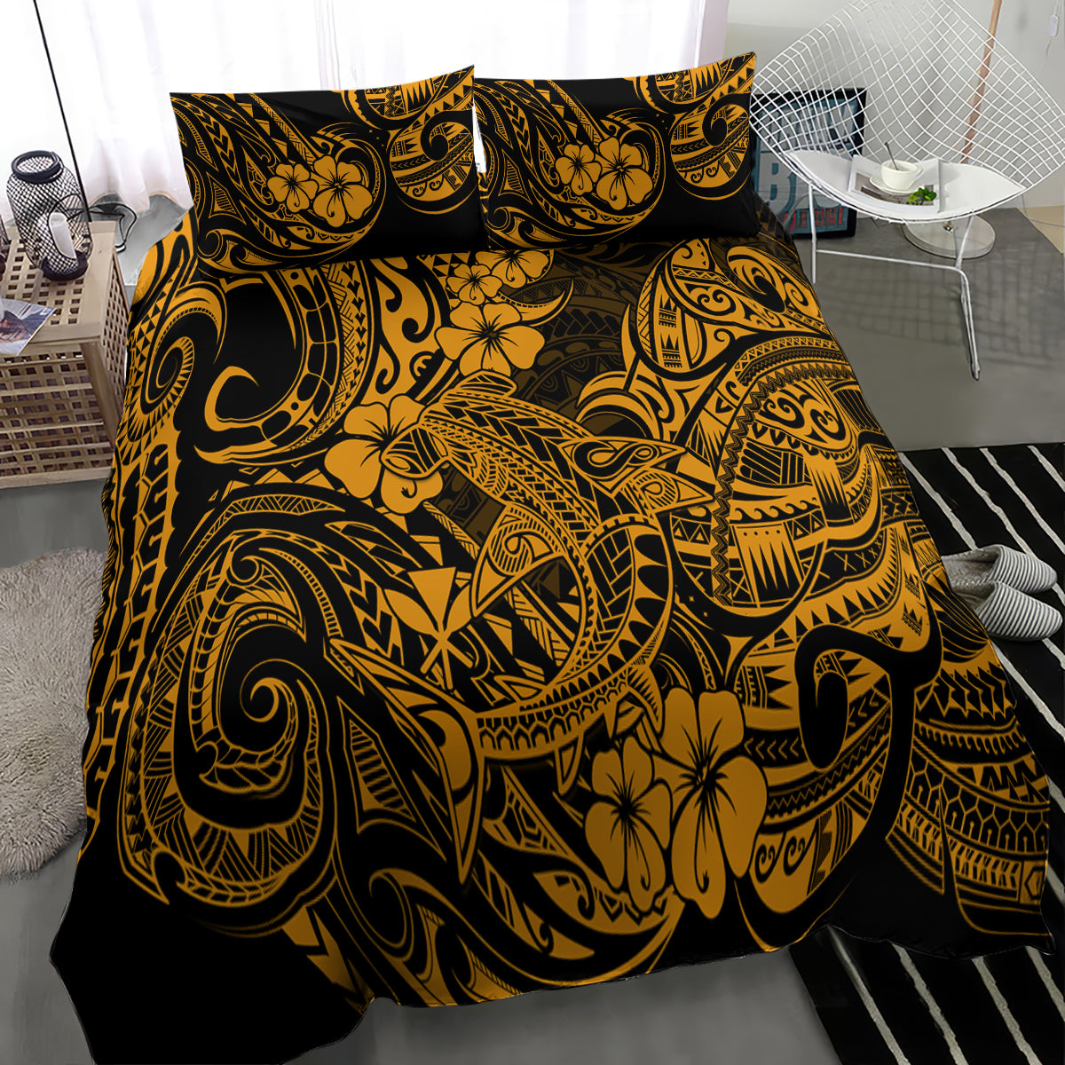 Hawaii Shark Bedding Set Polynesian Pattern Gold Version - Wonder Print Shop