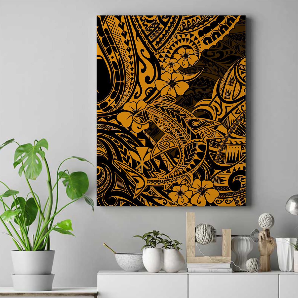 Hawaii Shark Canvas Wall Art Polynesian Pattern Gold Version - Wonder Print Shop