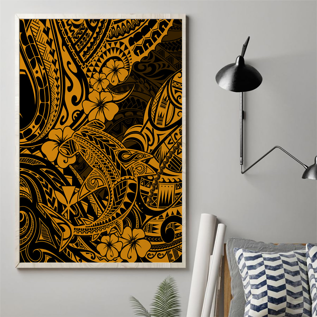 Hawaii Shark Canvas Wall Art Polynesian Pattern Gold Version - Wonder Print Shop