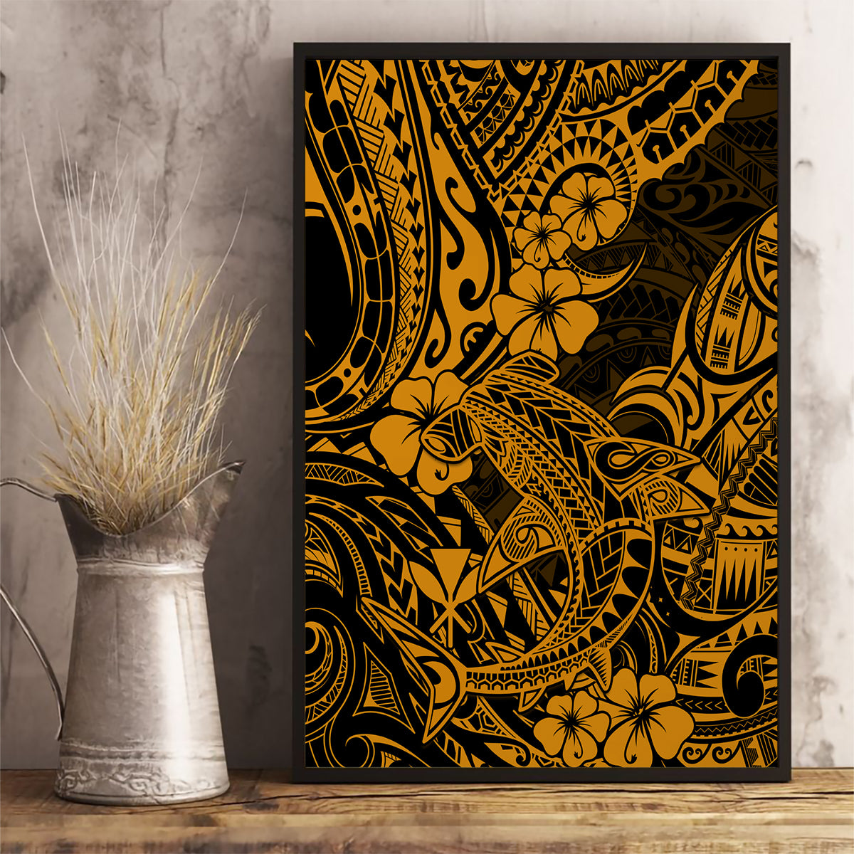 Hawaii Shark Canvas Wall Art Polynesian Pattern Gold Version - Wonder Print Shop