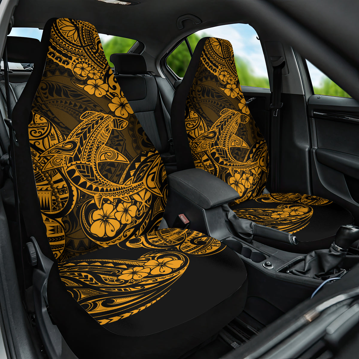 Hawaii Shark Car Seat Cover Polynesian Pattern Gold Version - Wonder Print Shop