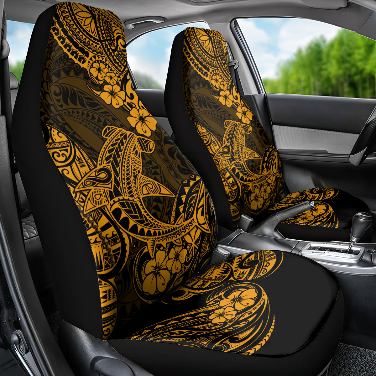 Hawaii Shark Car Seat Cover Polynesian Pattern Gold Version - Wonder Print Shop