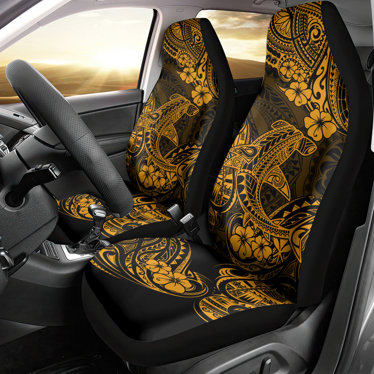 Hawaii Shark Car Seat Cover Polynesian Pattern Gold Version - Wonder Print Shop