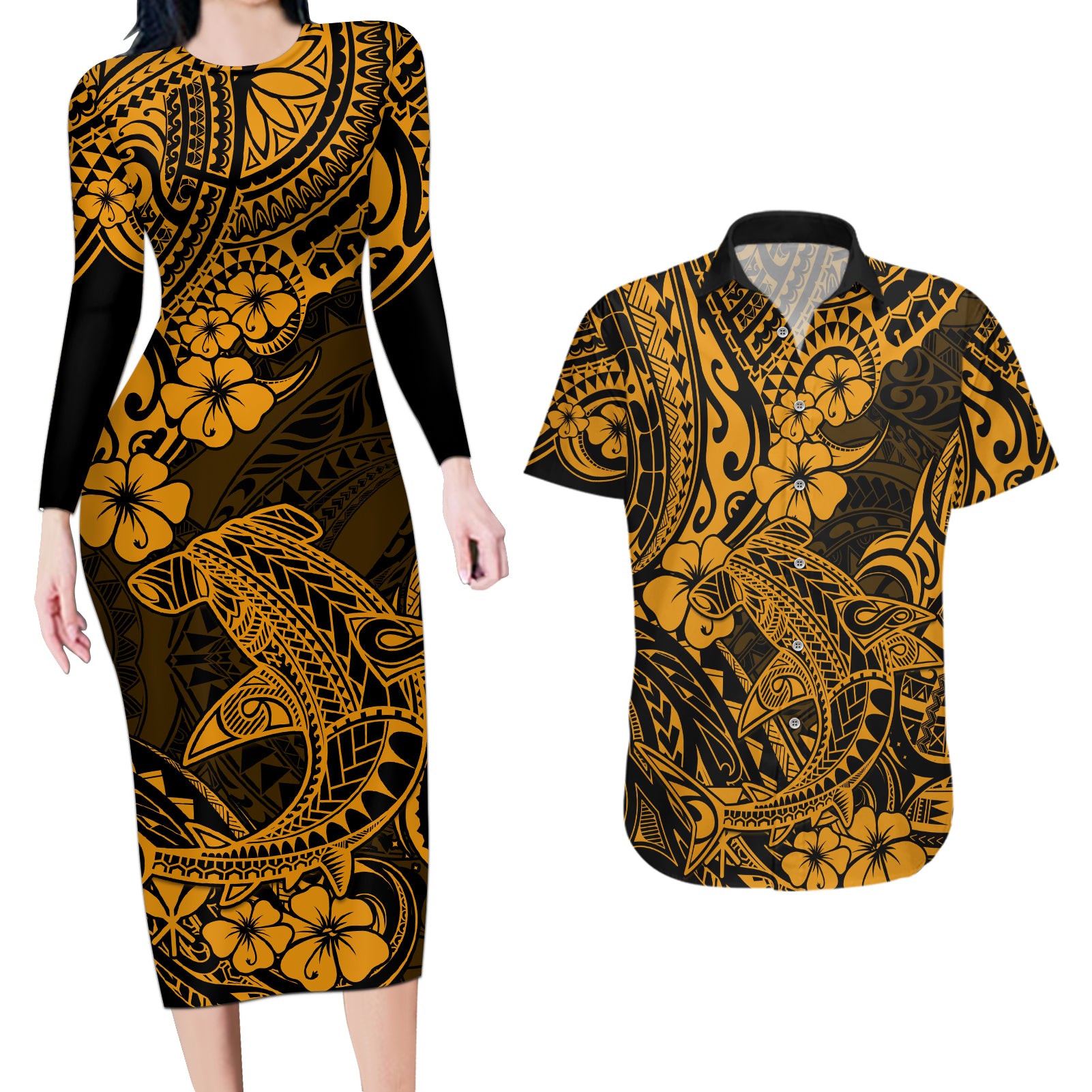 Hawaii Shark Couples Matching Long Sleeve Bodycon Dress and Hawaiian Shirt Polynesian Pattern Gold Version - Wonder Print Shop