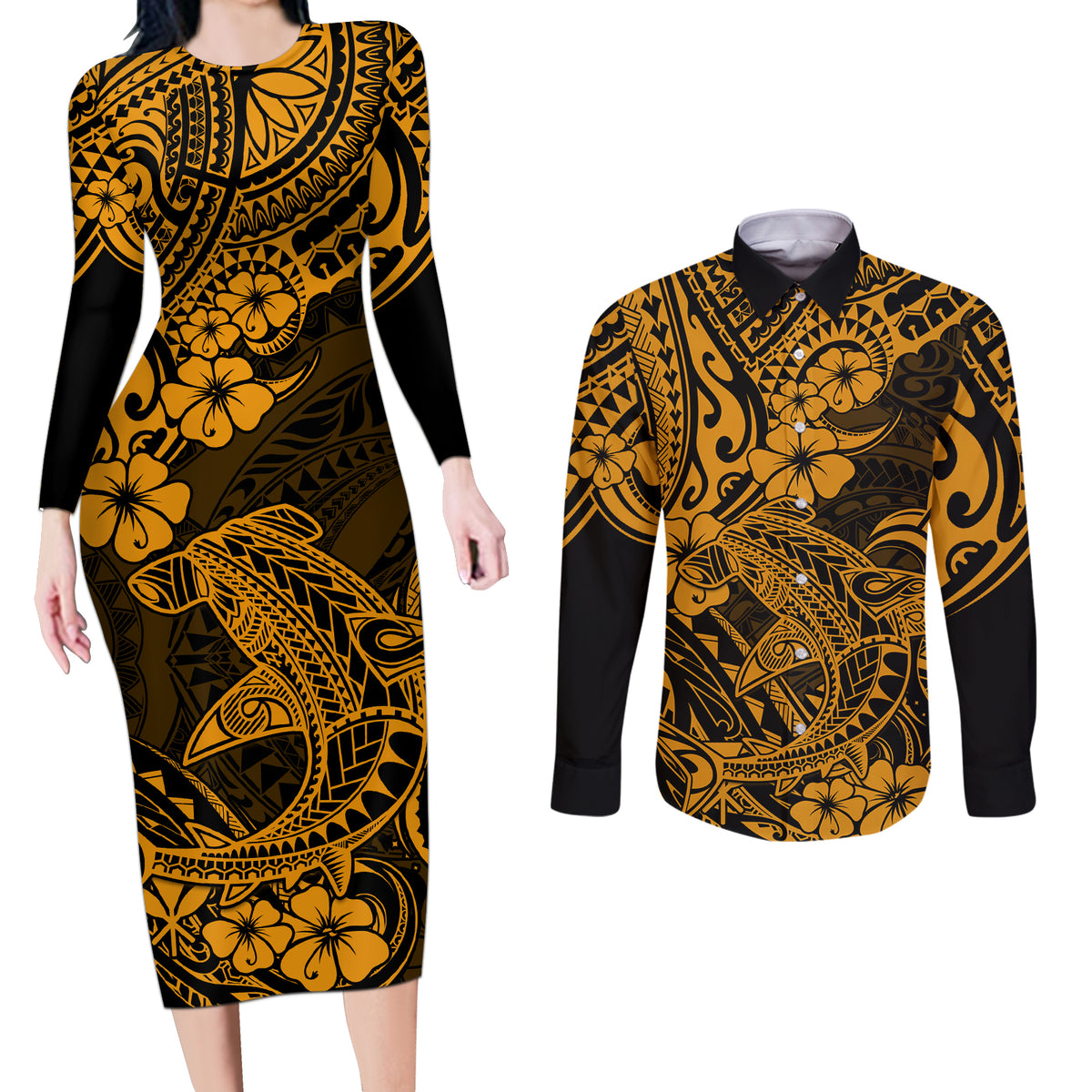 Hawaii Shark Couples Matching Long Sleeve Bodycon Dress and Long Sleeve Button Shirts Polynesian Pattern Gold Version - Wonder Print Shop