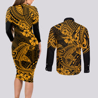 Hawaii Shark Couples Matching Long Sleeve Bodycon Dress and Long Sleeve Button Shirts Polynesian Pattern Gold Version - Wonder Print Shop