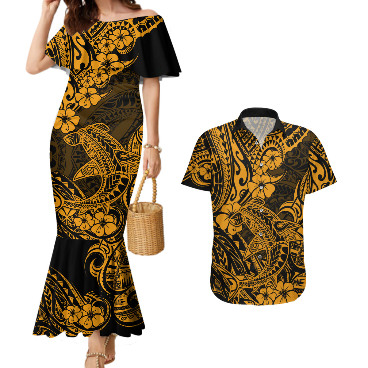 Hawaii Shark Couples Matching Mermaid Dress and Hawaiian Shirt Polynesian Pattern Gold Version - Wonder Print Shop