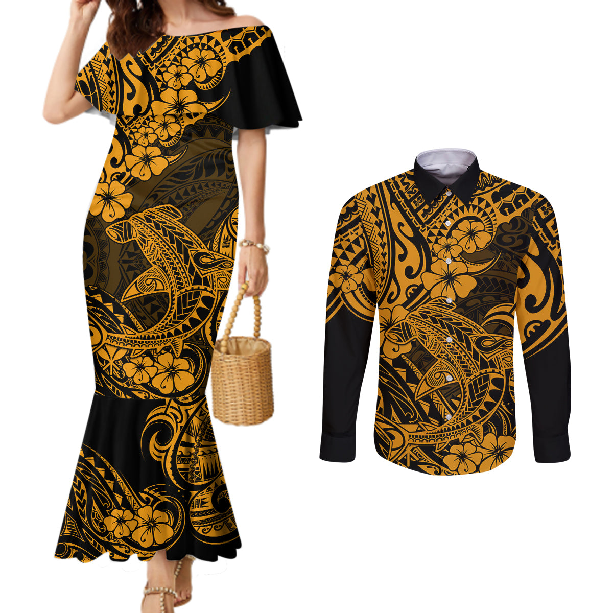 hawaii-shark-couples-matching-mermaid-dress-and-long-sleeve-button-shirts-polynesian-pattern-gold-version