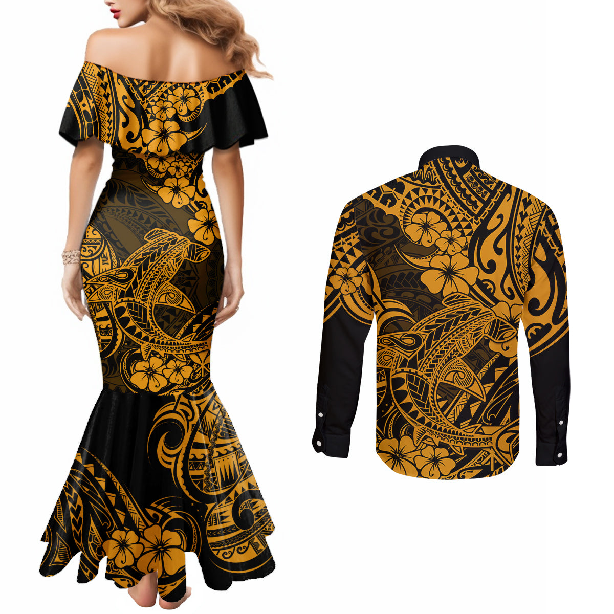 hawaii-shark-couples-matching-mermaid-dress-and-long-sleeve-button-shirts-polynesian-pattern-gold-version