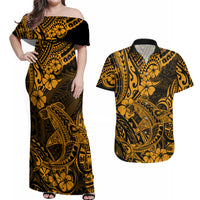 Hawaii Shark Couples Matching Off Shoulder Maxi Dress and Hawaiian Shirt Polynesian Pattern Gold Version - Wonder Print Shop