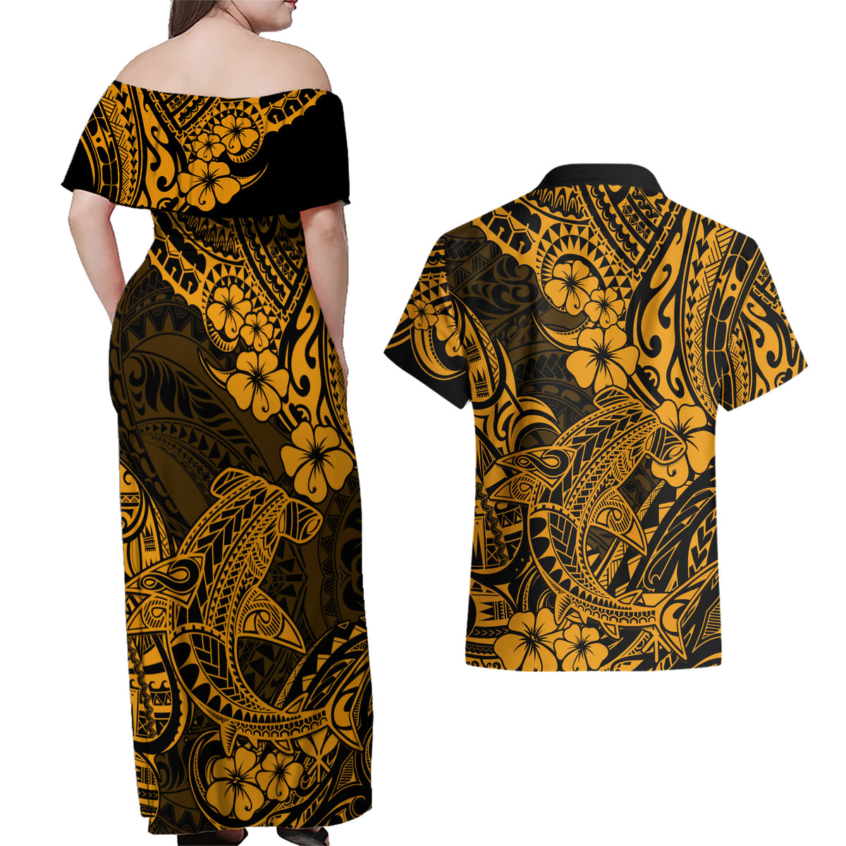 Hawaii Shark Couples Matching Off Shoulder Maxi Dress and Hawaiian Shirt Polynesian Pattern Gold Version - Wonder Print Shop