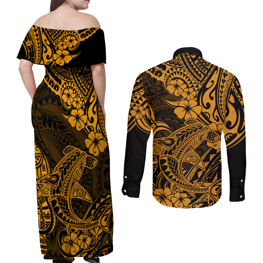 Hawaii Shark Couples Matching Off Shoulder Maxi Dress and Long Sleeve Button Shirts Polynesian Pattern Gold Version - Wonder Print Shop