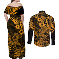 Hawaii Shark Couples Matching Off Shoulder Maxi Dress and Long Sleeve Button Shirts Polynesian Pattern Gold Version - Wonder Print Shop