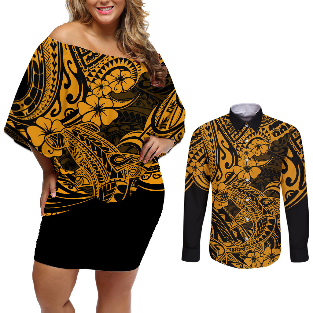 Hawaii Shark Couples Matching Off Shoulder Short Dress and Long Sleeve Button Shirts Polynesian Pattern Gold Version - Wonder Print Shop