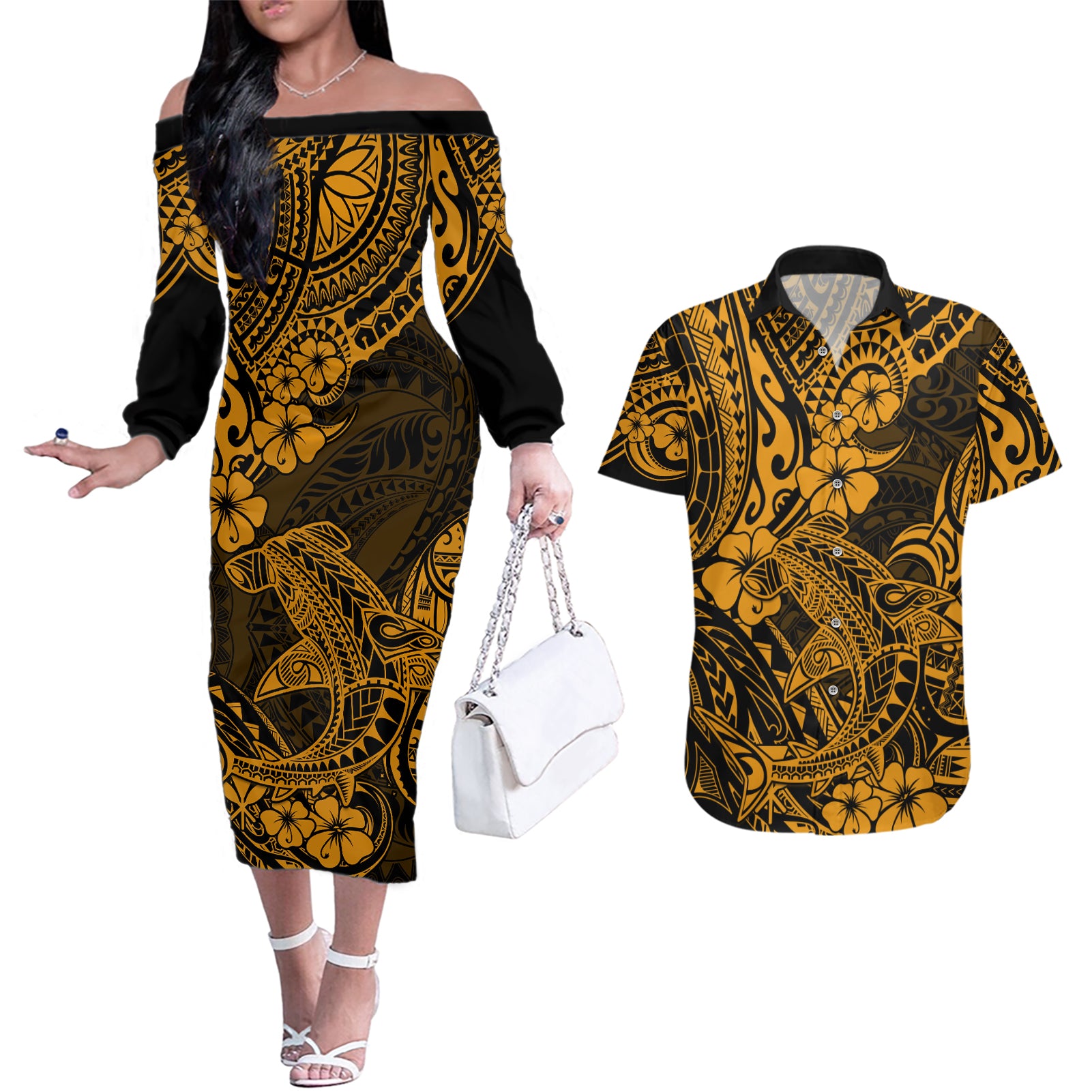 Hawaii Shark Couples Matching Off The Shoulder Long Sleeve Dress and Hawaiian Shirt Polynesian Pattern Gold Version - Wonder Print Shop