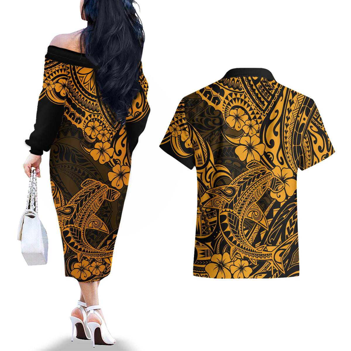 Hawaii Shark Couples Matching Off The Shoulder Long Sleeve Dress and Hawaiian Shirt Polynesian Pattern Gold Version - Wonder Print Shop