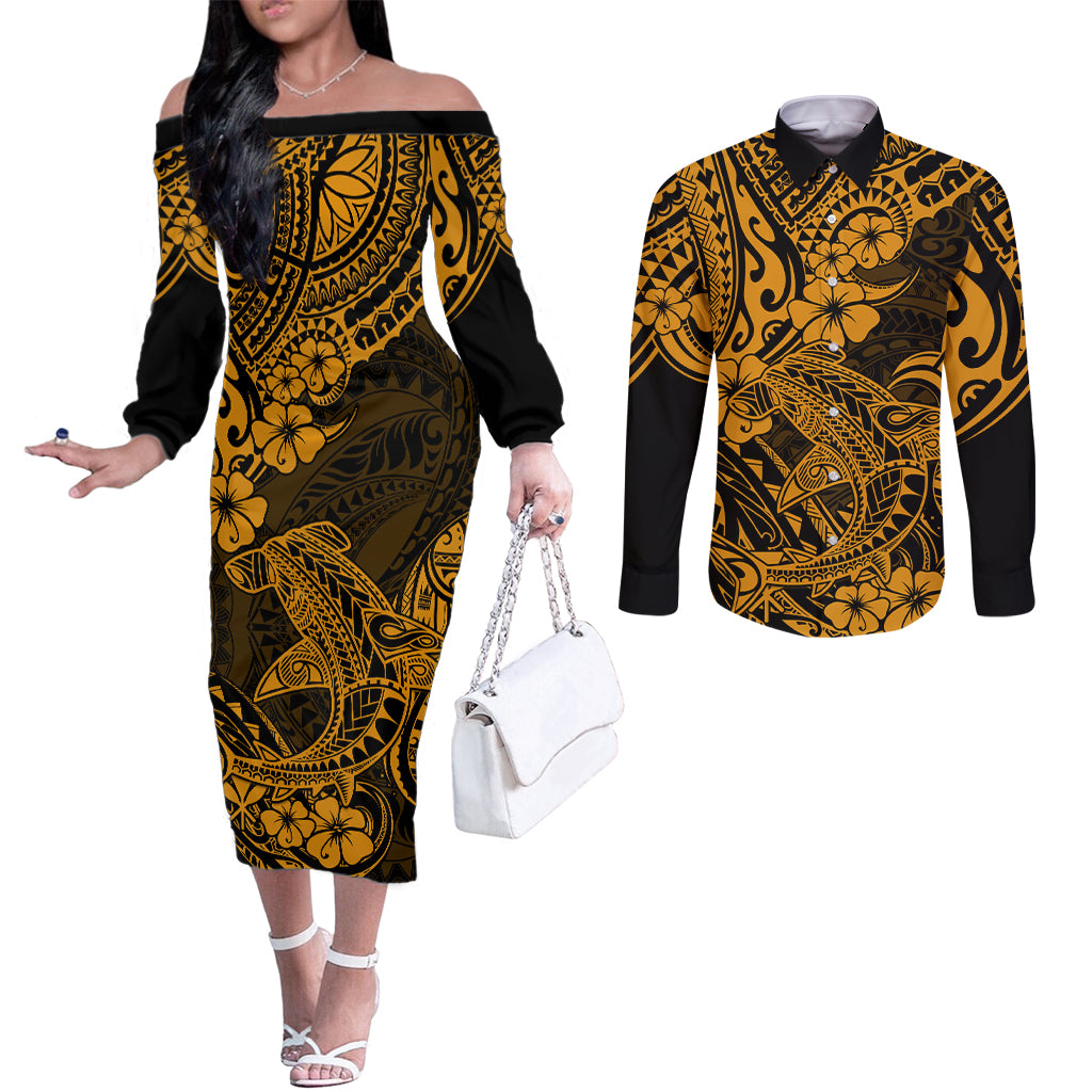 hawaii-shark-couples-matching-off-the-shoulder-long-sleeve-dress-and-long-sleeve-button-shirts-polynesian-pattern-gold-version