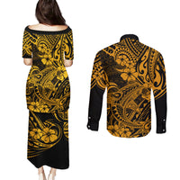 Hawaii Shark Couples Matching Puletasi Dress and Long Sleeve Button Shirts Polynesian Pattern Gold Version - Wonder Print Shop
