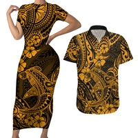 Hawaii Shark Couples Matching Short Sleeve Bodycon Dress and Hawaiian Shirt Polynesian Pattern Gold Version - Wonder Print Shop