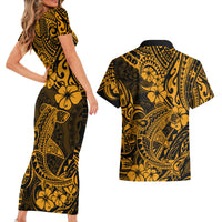 Hawaii Shark Couples Matching Short Sleeve Bodycon Dress and Hawaiian Shirt Polynesian Pattern Gold Version - Wonder Print Shop