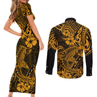 Hawaii Shark Couples Matching Short Sleeve Bodycon Dress and Long Sleeve Button Shirts Polynesian Pattern Gold Version - Wonder Print Shop