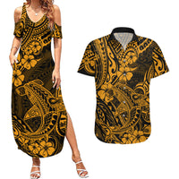 Hawaii Shark Couples Matching Summer Maxi Dress and Hawaiian Shirt Polynesian Pattern Gold Version - Wonder Print Shop