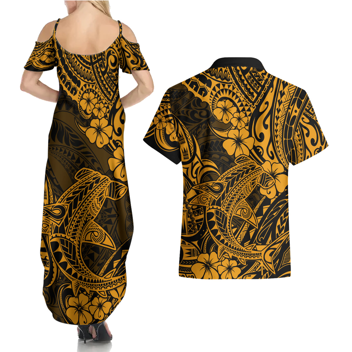 Hawaii Shark Couples Matching Summer Maxi Dress and Hawaiian Shirt Polynesian Pattern Gold Version - Wonder Print Shop
