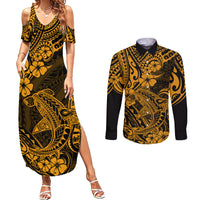 Hawaii Shark Couples Matching Summer Maxi Dress and Long Sleeve Button Shirts Polynesian Pattern Gold Version - Wonder Print Shop