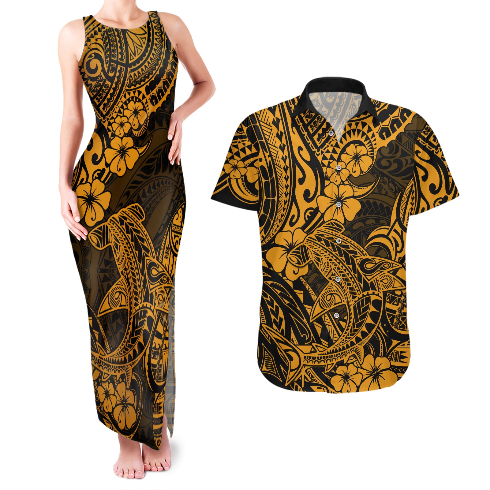 Hawaii Shark Couples Matching Tank Maxi Dress and Hawaiian Shirt Polynesian Pattern Gold Version - Wonder Print Shop