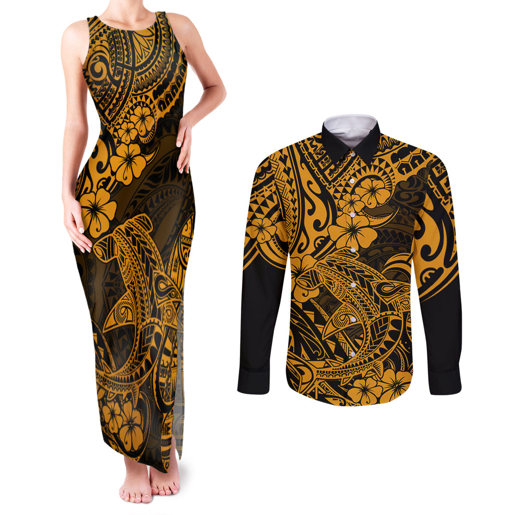 Hawaii Shark Couples Matching Tank Maxi Dress and Long Sleeve Button Shirts Polynesian Pattern Gold Version - Wonder Print Shop