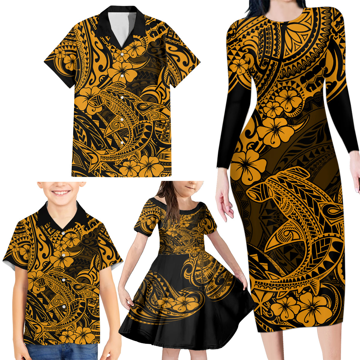 Hawaii Shark Family Matching Long Sleeve Bodycon Dress and Hawaiian Shirt Polynesian Pattern Gold Version - Wonder Print Shop