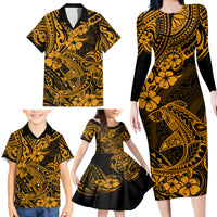 Hawaii Shark Family Matching Long Sleeve Bodycon Dress and Hawaiian Shirt Polynesian Pattern Gold Version - Wonder Print Shop